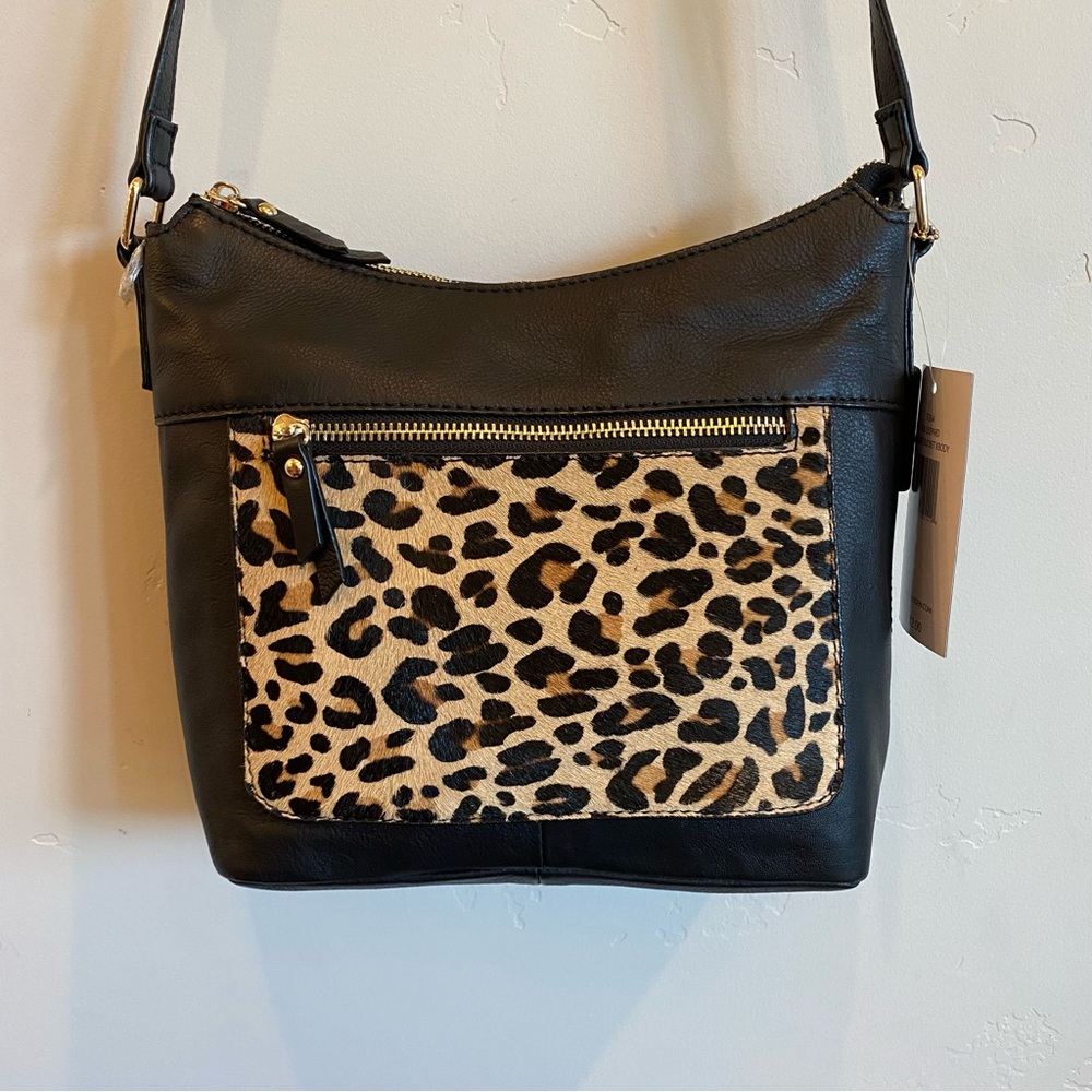 STEVEN Black Genuine Leather Calf Hair Leopard Print Crossbody Margot Bucket
